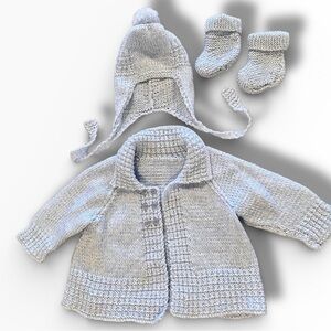 Handmade Baby Cardigan Hat & Booties Pastel Blue 0-3 months Never Worn!  EUC A-8